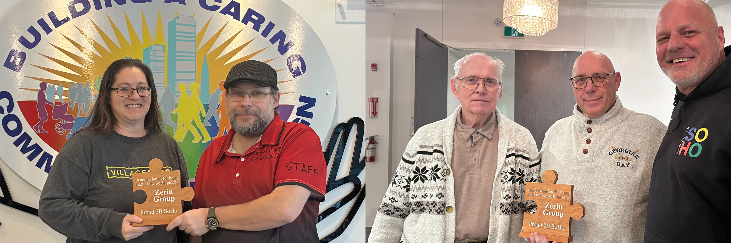 Two images. Left: Wayne and Heather (Zerin Place on South St. Superintendents) with the puzzle piece shaped award for Zerin. Right: Ron Rowbottom (Zerin VP), Richard Badder (Zerin President), and Mark Thomas (Chair of the SoHo Community Association) with the puzzle piece shaped award for Zerin.